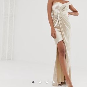 Bariano asymmetric liquid draped gown in gold